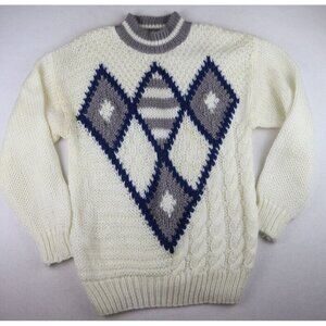 VINTAGE MEN'S WHITE ARGYLE CHUNKY KNIT SWEATER - FORUM - SIZE L